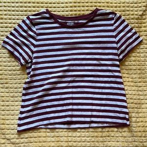 burgundy and white striped shirt